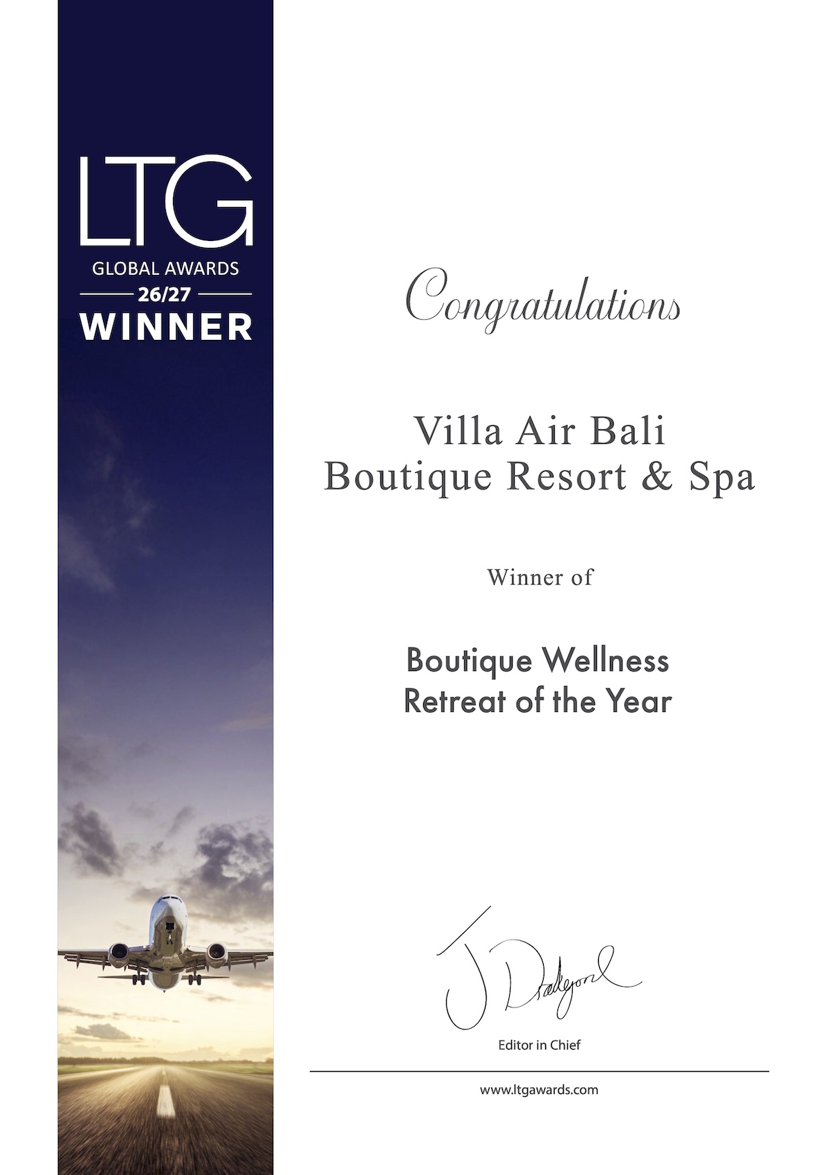 LTG Global Awards 2026/27 Winner Certificate Villa Air Bali